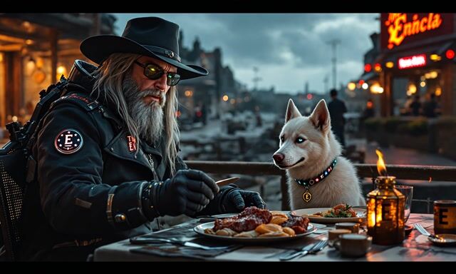 Mysterious Nighttime Scene Man, Dog, and Glowing Symbol