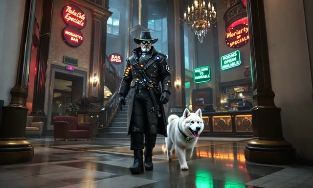 AI-generated image: man lookes around, huskie dog looks to the right, persons behind hotel desk moving slowly, neon ligh