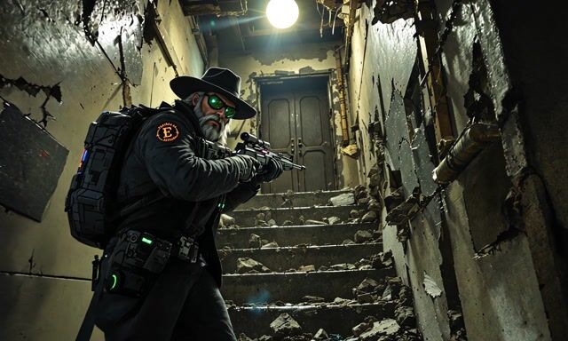 AI-generated image: Postapocalyptic, scifi, decay, old, man, on hes way up a stair case, looking backward over shoulder 