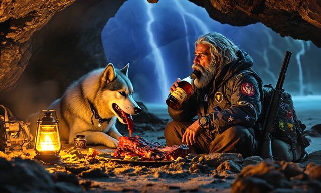 White Huskie Enjoys Roasted Meat Amidst Stormy Night