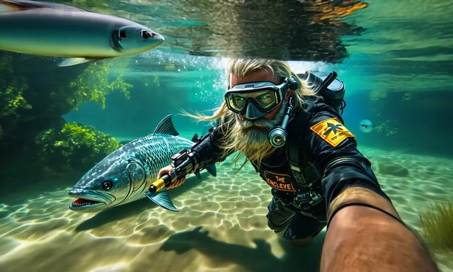 *Underwater Cinematic Adventure in 4K: Man with Taser Staff Swims Through Aquatic Realm*