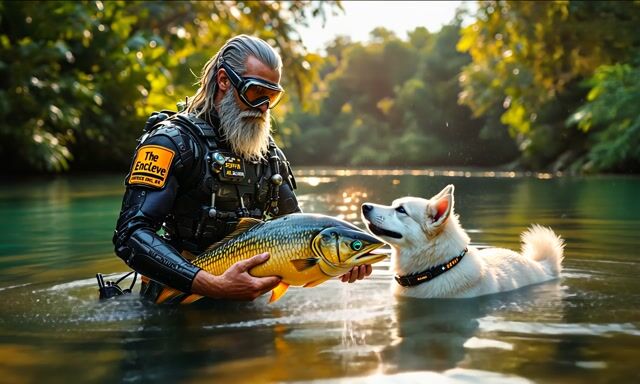 - Unique Fish Encounter in 4K: Man and His Husky's Adventure