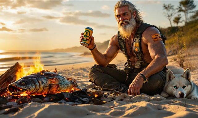AI-generated image: cinematic, 4k, photo realistic, man sits at beach, cooking home catch fish on the glowing cole, hes 
