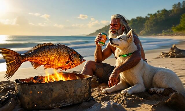 *Beach Day Bliss: Man, Dog, and Fresh Catch in 4K*---