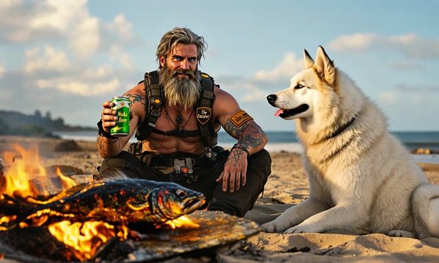 Beachside BBQ Bliss: Man, Dog, and Nature in 4K