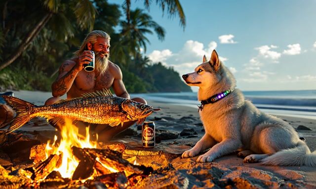 Serene Beach Day: Man, Dog, and Nature's Beauty in 4K---