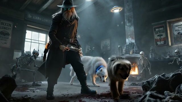 Eerie Moonlight and Sci-Fi Showdown: Man and Dog Face Skeletons