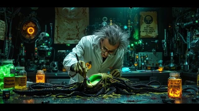 AI-generated image: cinematic, photrealistic, 8k. evil mad scientist,investigating the body of an alien. he has a laser 