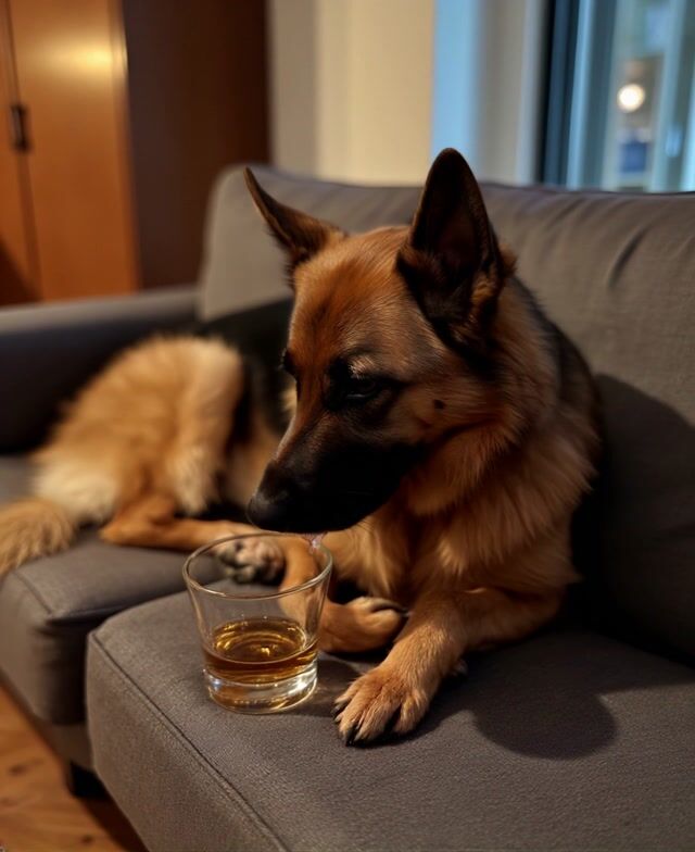 Dog Dips Water from Glass on Couch