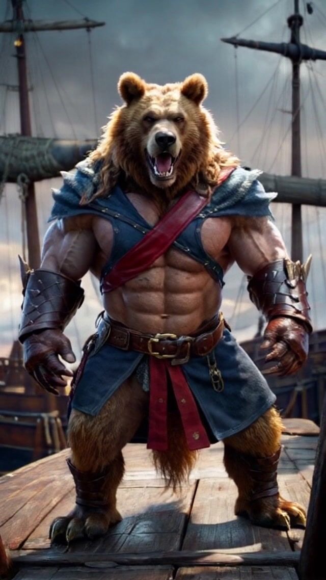 Muscular Bear Pirate Roaring on Ship Deck