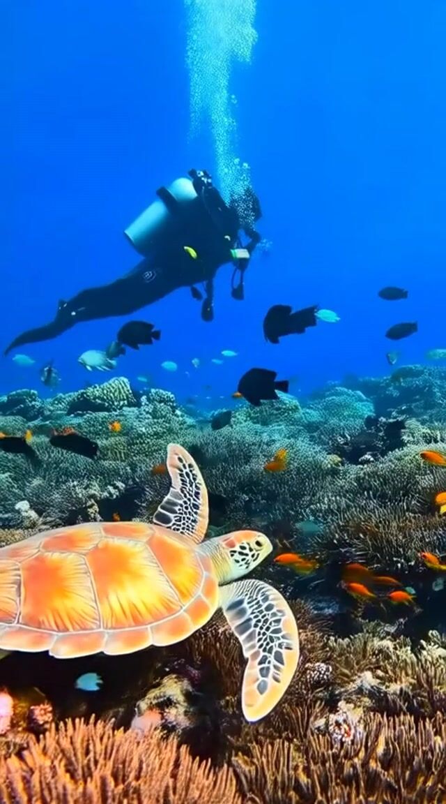 *Slow Motion Dive: Exploring Coral Reef with Sea Turtle Encounter*