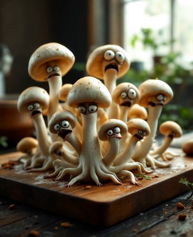 Scared Mushrooms: A Close-Up Encounter on a Cutting Board