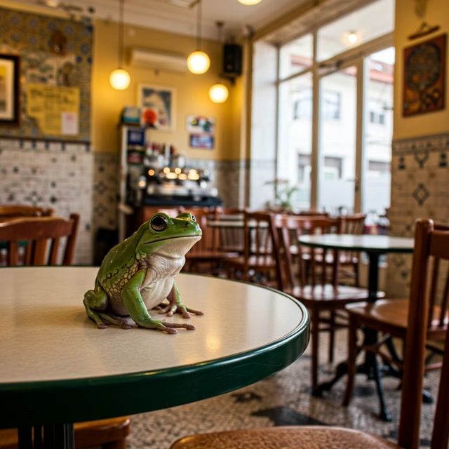 AI-generated image: a frog hopping off of a table
