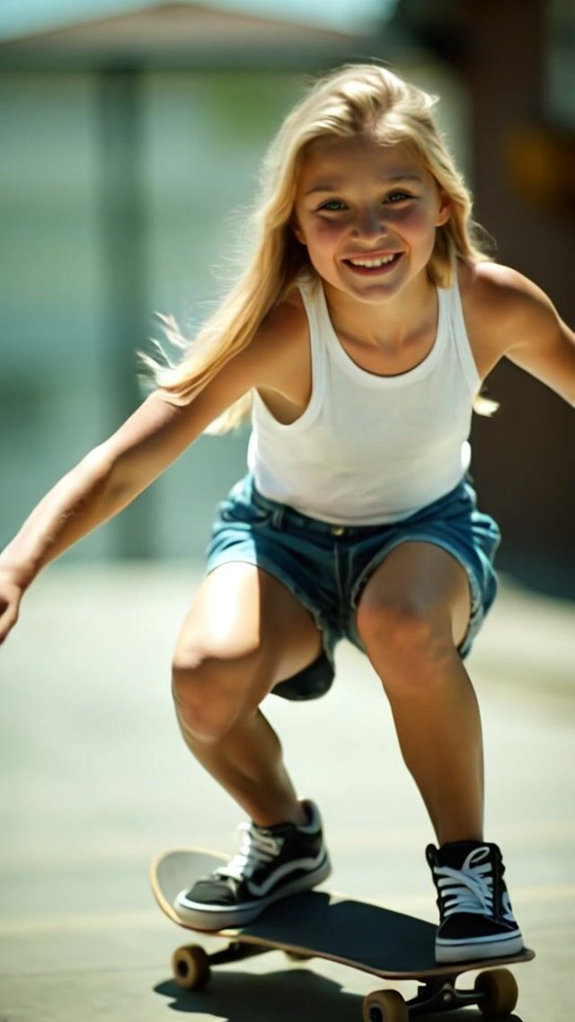 Blonde Skater Girl Soars in Urban Skate Park  Dynamic Skateboard Action