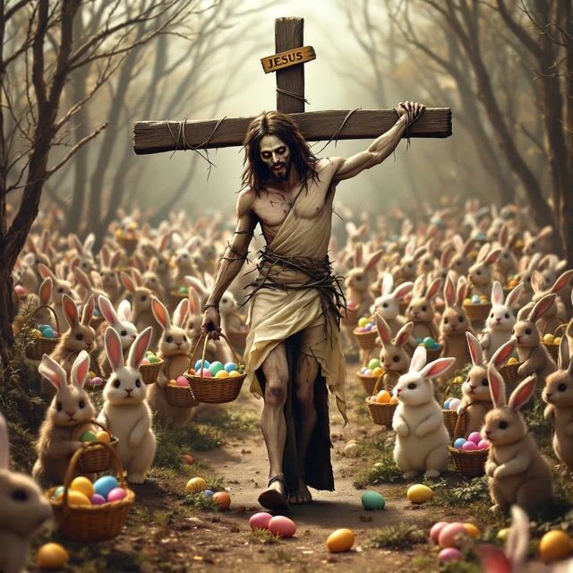 AI-generated image: bunnies hopping around while the man walks toward the camera