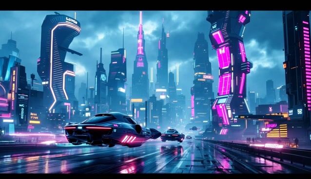 AI-generated image: A futuristic cityscape with flying cars and neon lights, cyberpunk aesthetic, cinematic 4K quality