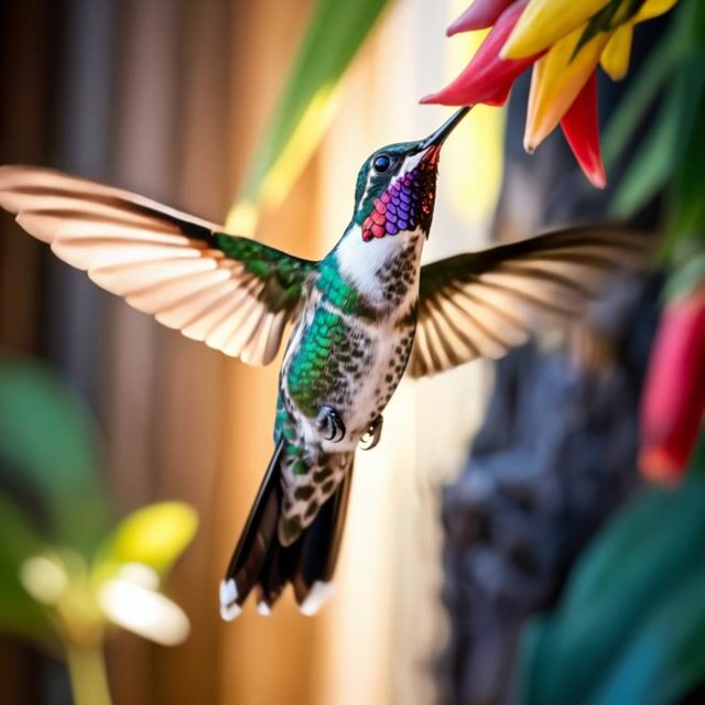 AI-generated image: Hummingbird fly's up and down in slow motion from one flower to the next, capturing hummingbird's wi