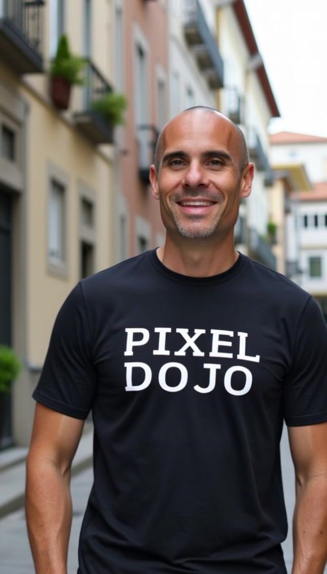 AI-generated image: A man talking, saying "welcome to pixeldojo dot ai, your personal AI studio with over 40 image and v
