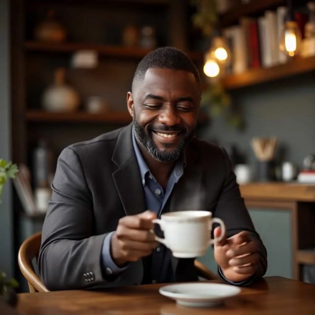 AI-generated image: smiling sipping some coffee