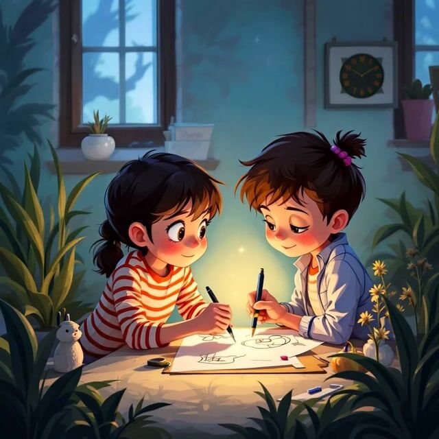 AI-generated image: two children draw as a light glows