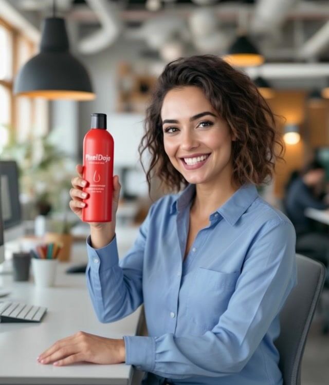 AI-generated image: smiling and talking while showcasing the shampoo bottle
