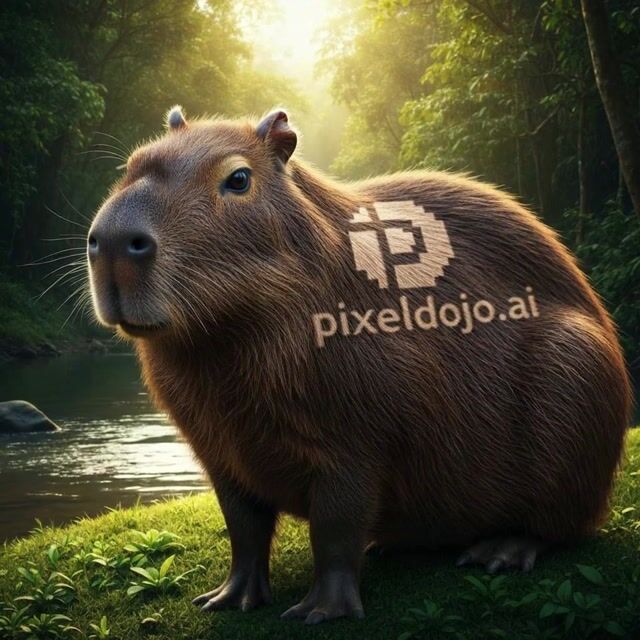 AI-generated image: a capybara looks at the camera then runs off splashing through the river behind it