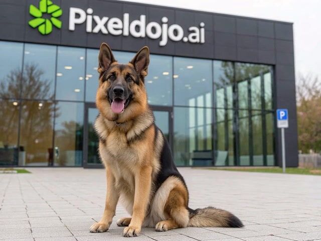 AI-generated image: the dog barks and jumps on a skateboard, riding around in front of the building
