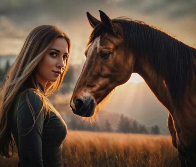 AI-generated image: A striking woman with a playful, smiling as she quickly gazes at a majestic horse eyes in a sunlit m