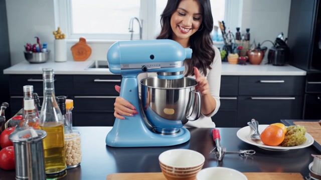 AI-generated image: Product review VLOG style video of a woman in a kitchen showing off the features of a blue stand mix