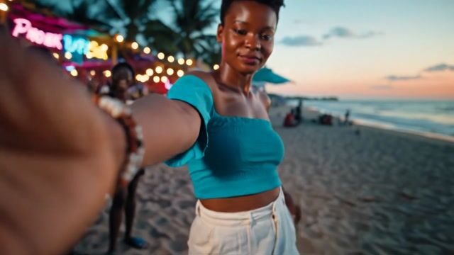 AI-generated image: {
  "shot": {
    "composition": "Tight selfie-vlog, palm-string lights bokeh",
    "camera_motion":