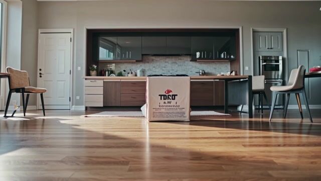 AI-generated image: "description": "Cinematic shot of a sunlit, empty kitchen. A sealed Chewy box sits in the center. It
