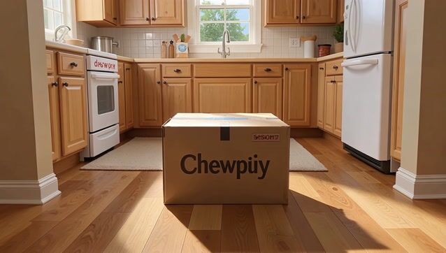 AI-generated image: "description": "Cinematic shot of a sunlit, empty kitchen. A sealed Chewy box sits in the center. It