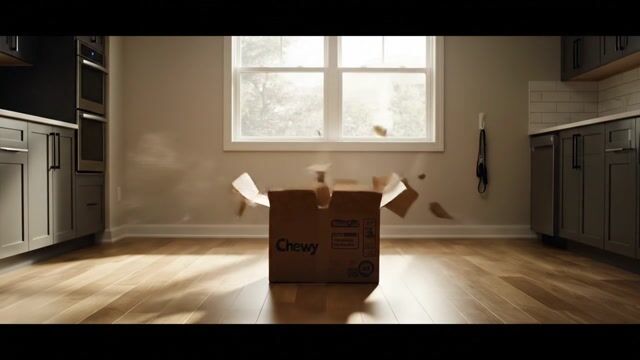 AI-generated image: {
"description": "Cinematic shot of a sunlit, empty kitchen. A sealed Chewy box sits in the center. 
