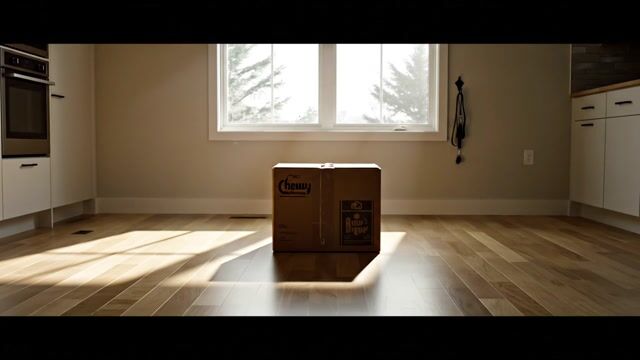 AI-generated image: {
"description": "Cinematic shot of a sunlit, empty kitchen. A sealed Chewy box sits in the center. 