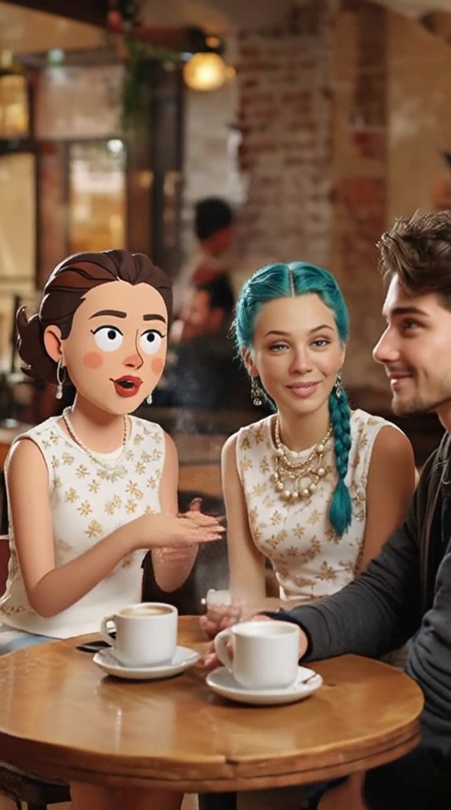 AI-generated image: A lively group of friends engages in animated conversation at a wooden table in a bustling cafe, wit