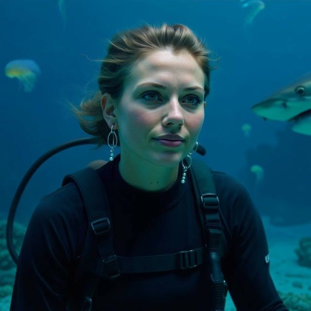 AI-generated image: a woman is diving when a giant shark passes behind her