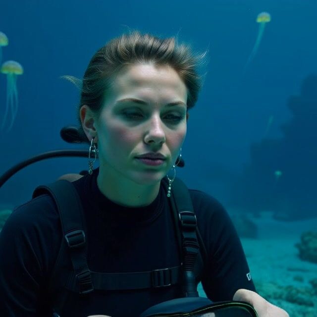 AI-generated image: A graceful woman in a sleek wetsuit scuba dives through a vibrant coral reef teeming with colorful f