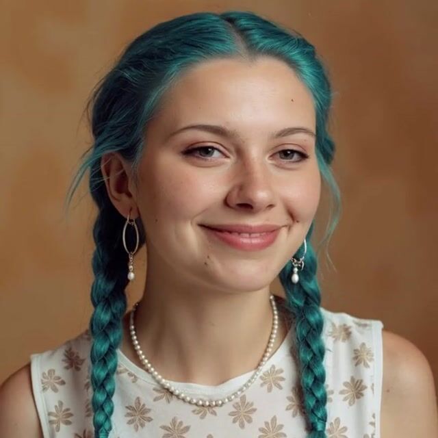 AI-generated image: talking and smiling while bees fly around her