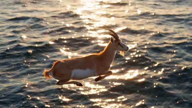 AI-generated image: A majestic goat floats serenely above a vast, rippling ocean at dawn, its fur gently ruffled by a so
