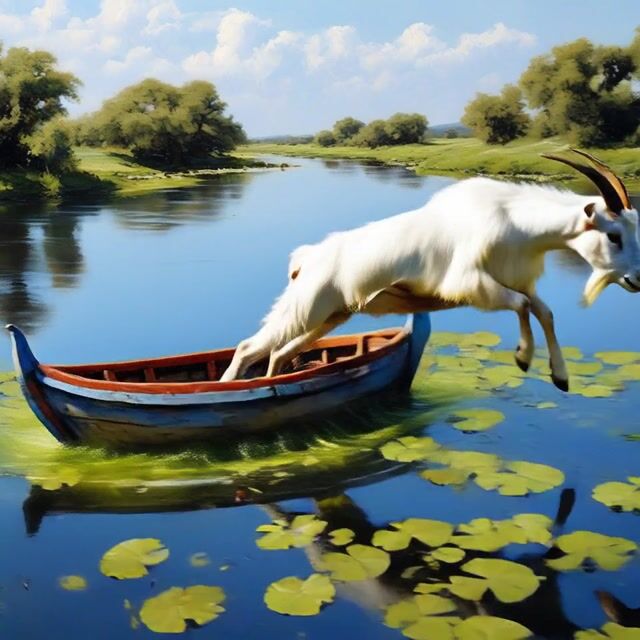 AI-generated image: A curious goat leaps gracefully from a wooden rowboat drifting on a serene mountain lake, splashing 