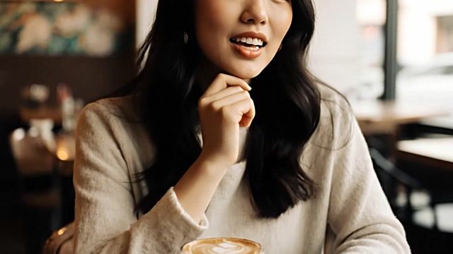 AI-generated image: A woman in a busy coffee shop. The camera slowly pans around her while she says "Pixel Dojo helped b