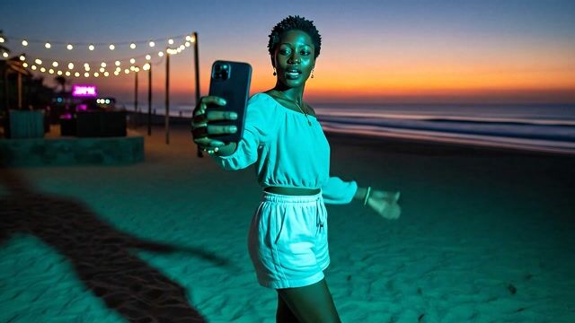 AI-generated image: {
  "shot": {
    "composition": "Tight selfie-vlog, palm-string lights bokeh",
    "camera_motion":