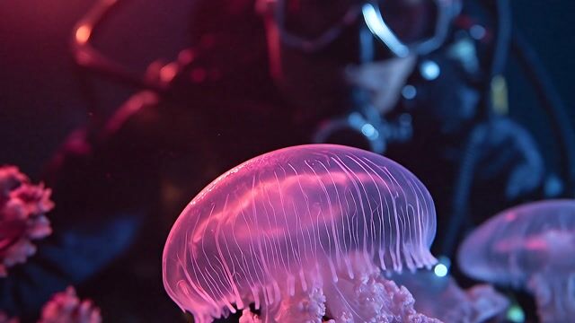 AI-generated image: {
  "subject": "a glowing fluorescent jellyfish drifting slowly in the deep sea, with a scuba diver 