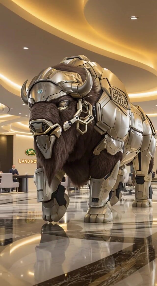 AI-generated image: A colossal bison symbolizing Land Rover appears, armored with futuristic plating, the Land Rover log