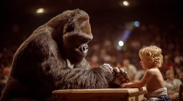 AI-generated image: professional video of muscular huge gorilla sitting on one side of a table and performing arm wrestl