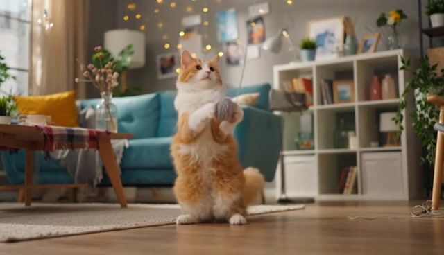 AI-generated image: medium shot, eye level, static, 50mm standard, shallow DOF with bokeh. cat, fluffy with orange and w