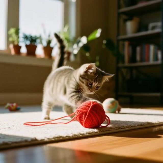AI-generated image: A curious gray tabby kitten with dark stripes, wide green eyes, and a fluffy tail stands on a light 
