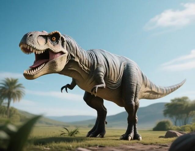 AI-generated image: {
  "shot_composition": "Low-angle medium shot framing a towering T-rex as the central subject, with