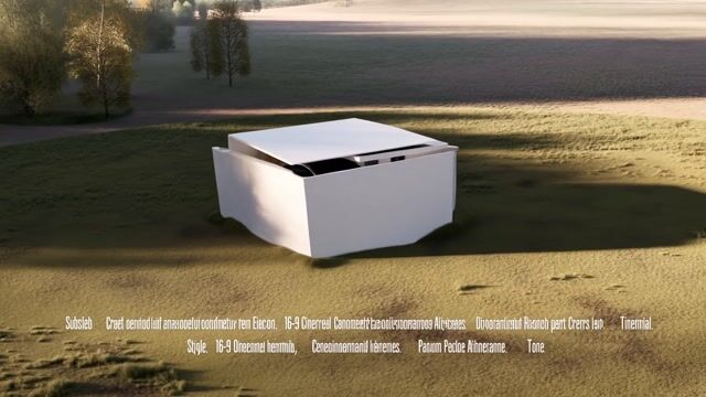 AI-generated image: {
  "subject": {
    "description": "Cinematic shot of a Tesla-branded crate resting in a serene ope