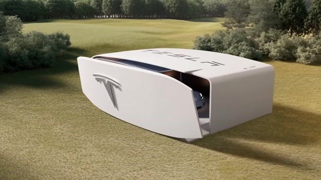 AI-generated image: {
  "subject": {
    "description": "Cinematic shot of a Tesla-branded crate resting in a serene ope